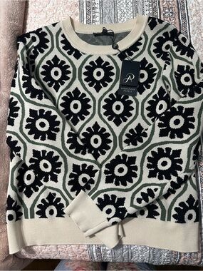 Adrianna Papell Cream, Black & Olive Geometric Floral Sweater